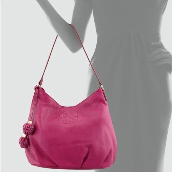 Tory Burch Thea Pebbled Leather Hobo Bag in Wildflower Pink Plum Purple - Picture 2 of 13